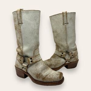 FRYE Harness 12R Leather Belted Western Moto Crackle White Square Toe 7 Women’s